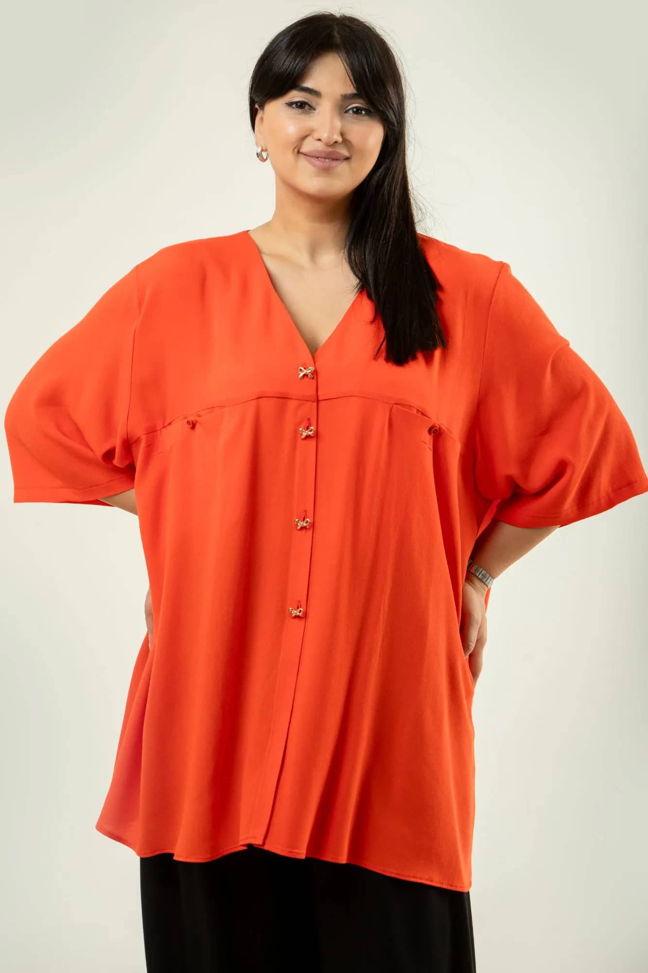 Elegant Vibrant Orange Tunic Blouse with Gold Accents