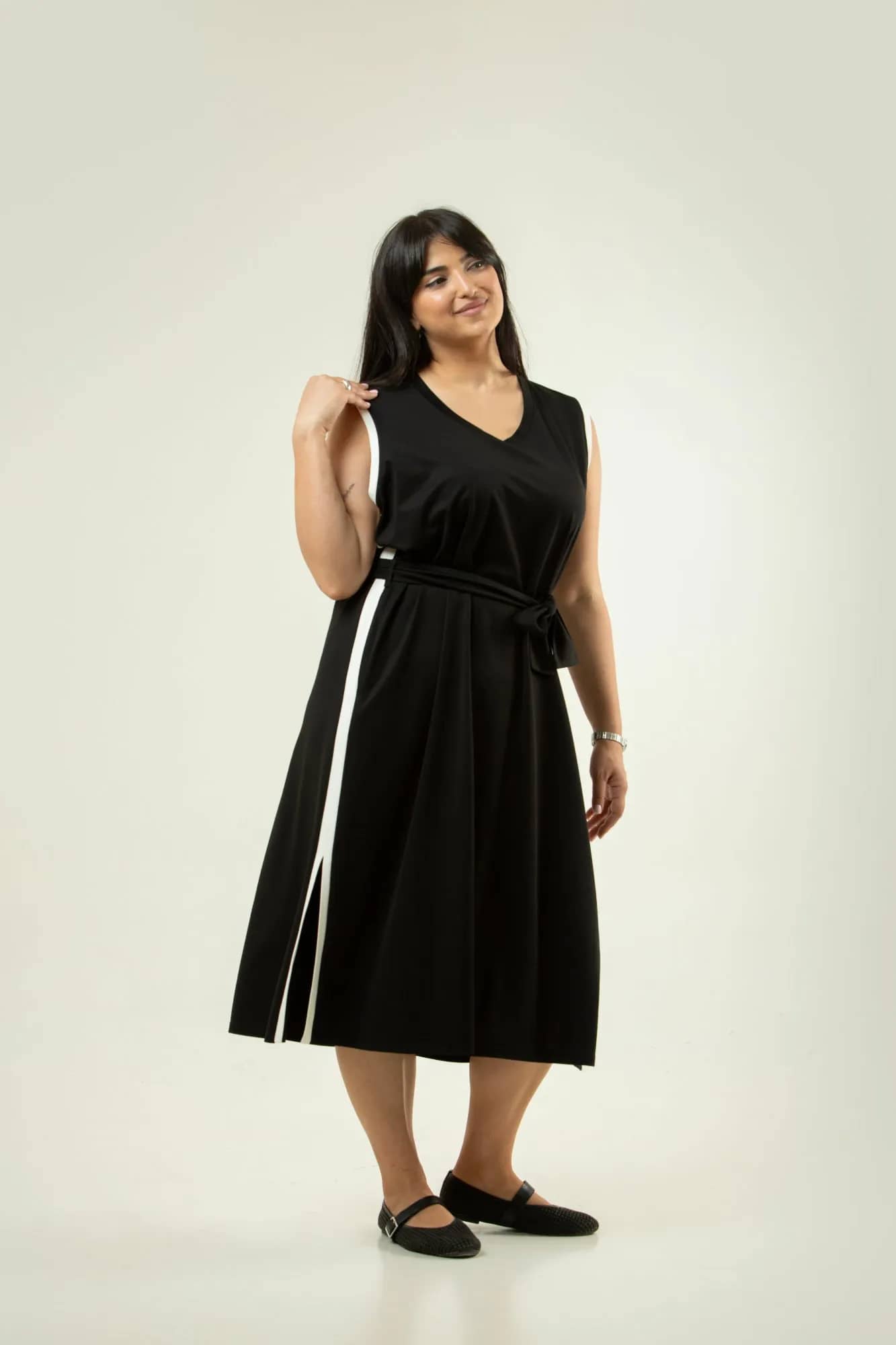 Black Midi Dress with Contrast White Side Stripes