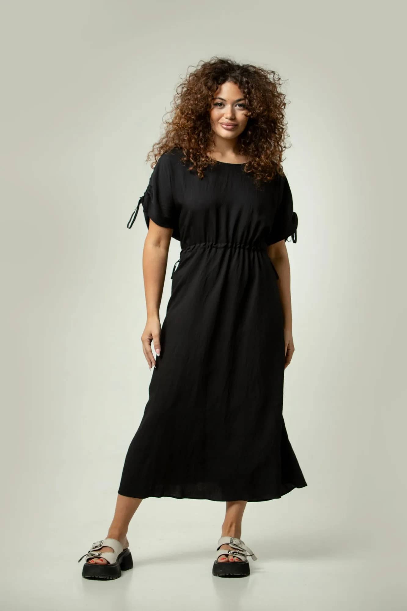Black Midi Dress Drawstring Waist