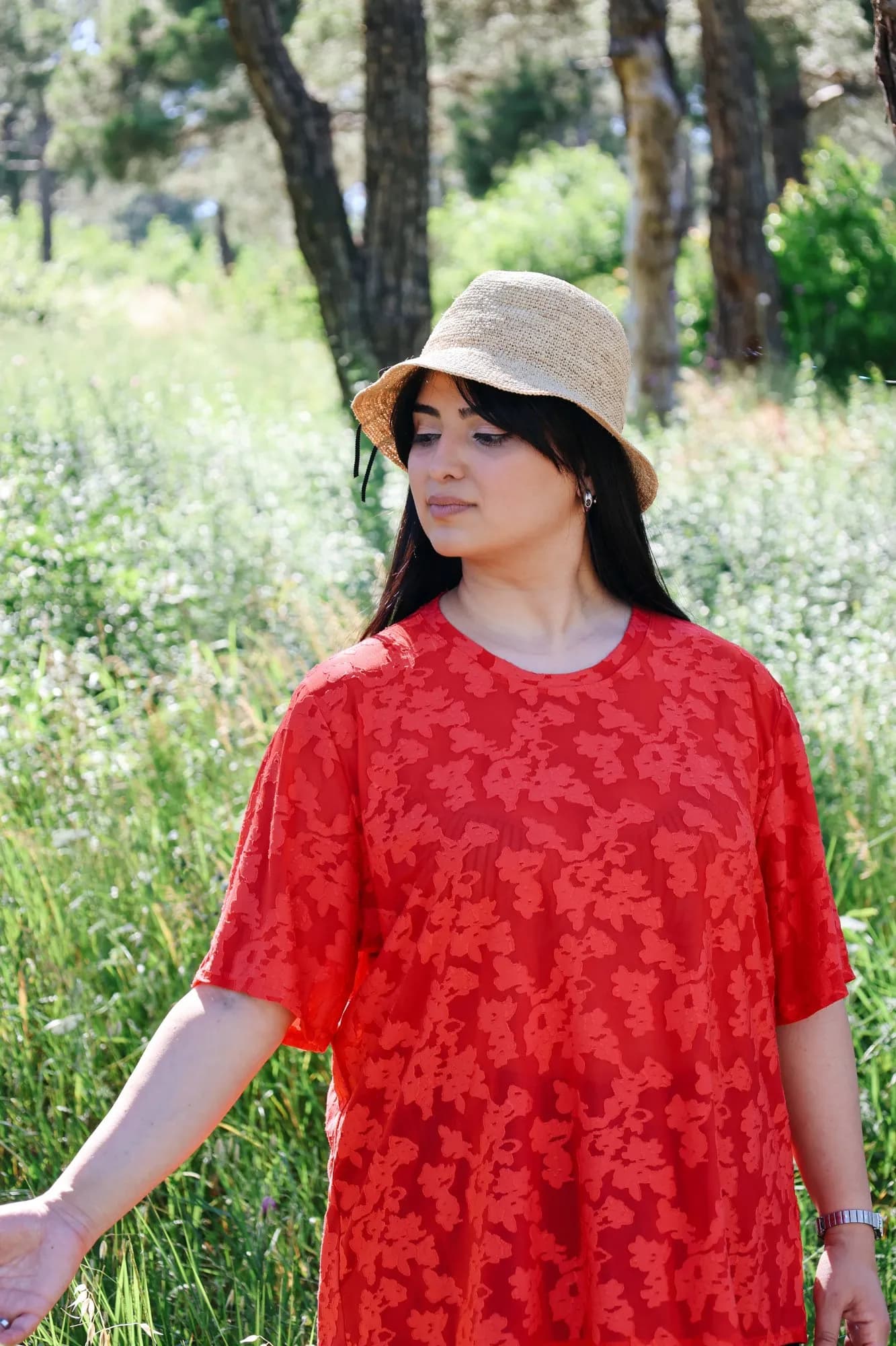 Red Floral Textured Blouses 1