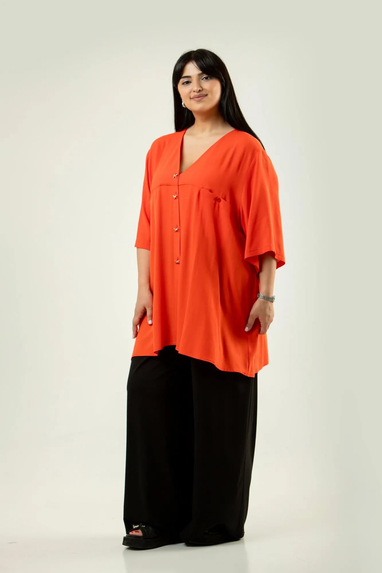 Elegant Vibrant Orange Tunic Blouse with Gold Accents 3