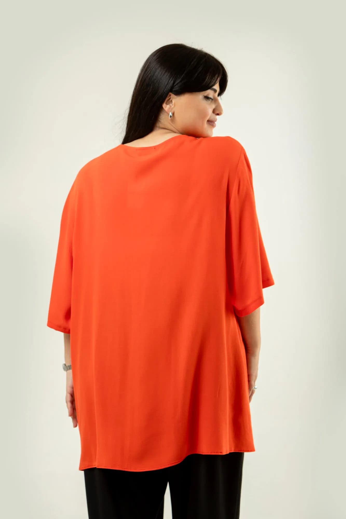 Elegant Vibrant Orange Tunic Blouse with Gold Accents 4