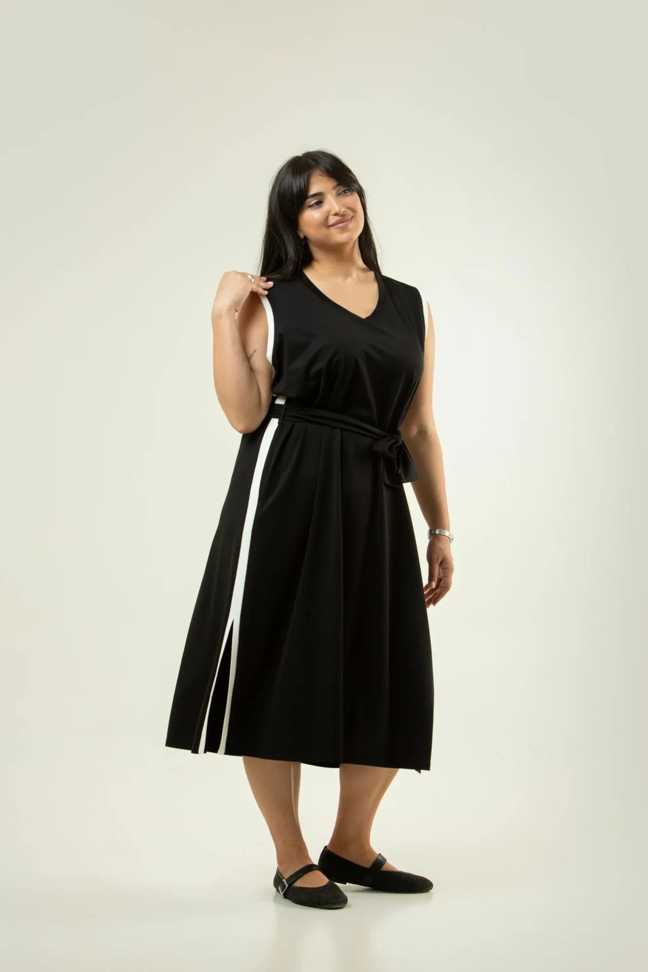 Black Midi Dress with Contrast White Side Stripes 1
