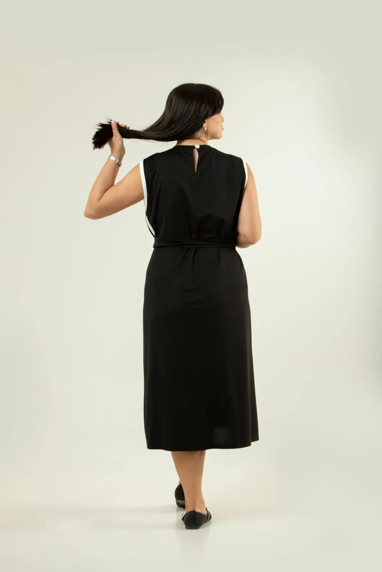 Black Midi Dress with Contrast White Side Stripes 4